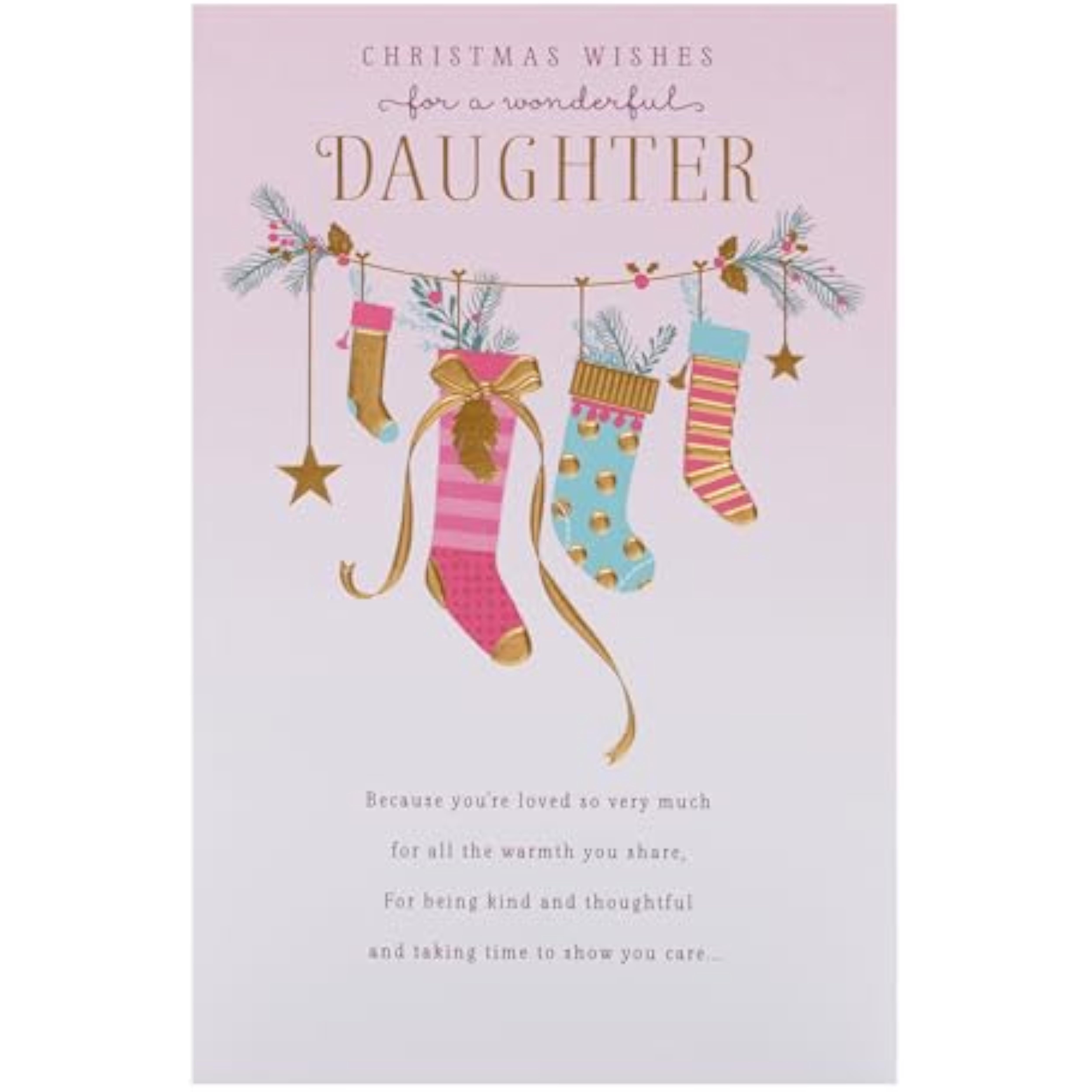 Pink Christmas greeting card for daughter featuring stockings and warm holiday wishes, by UKG.
