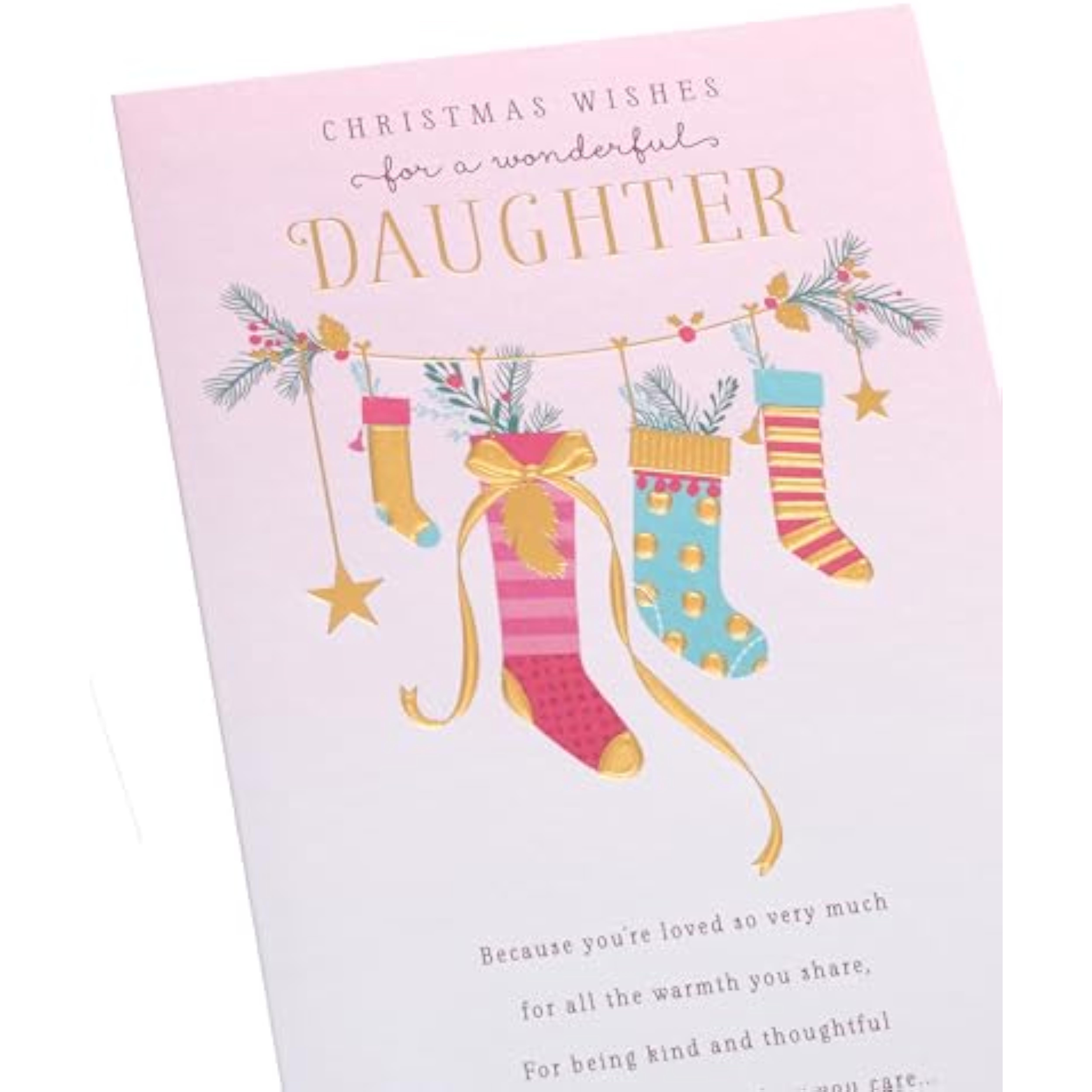 Pink stockings Christmas greeting card for daughter by UKG featuring warm holiday wishes and festive holiday design.