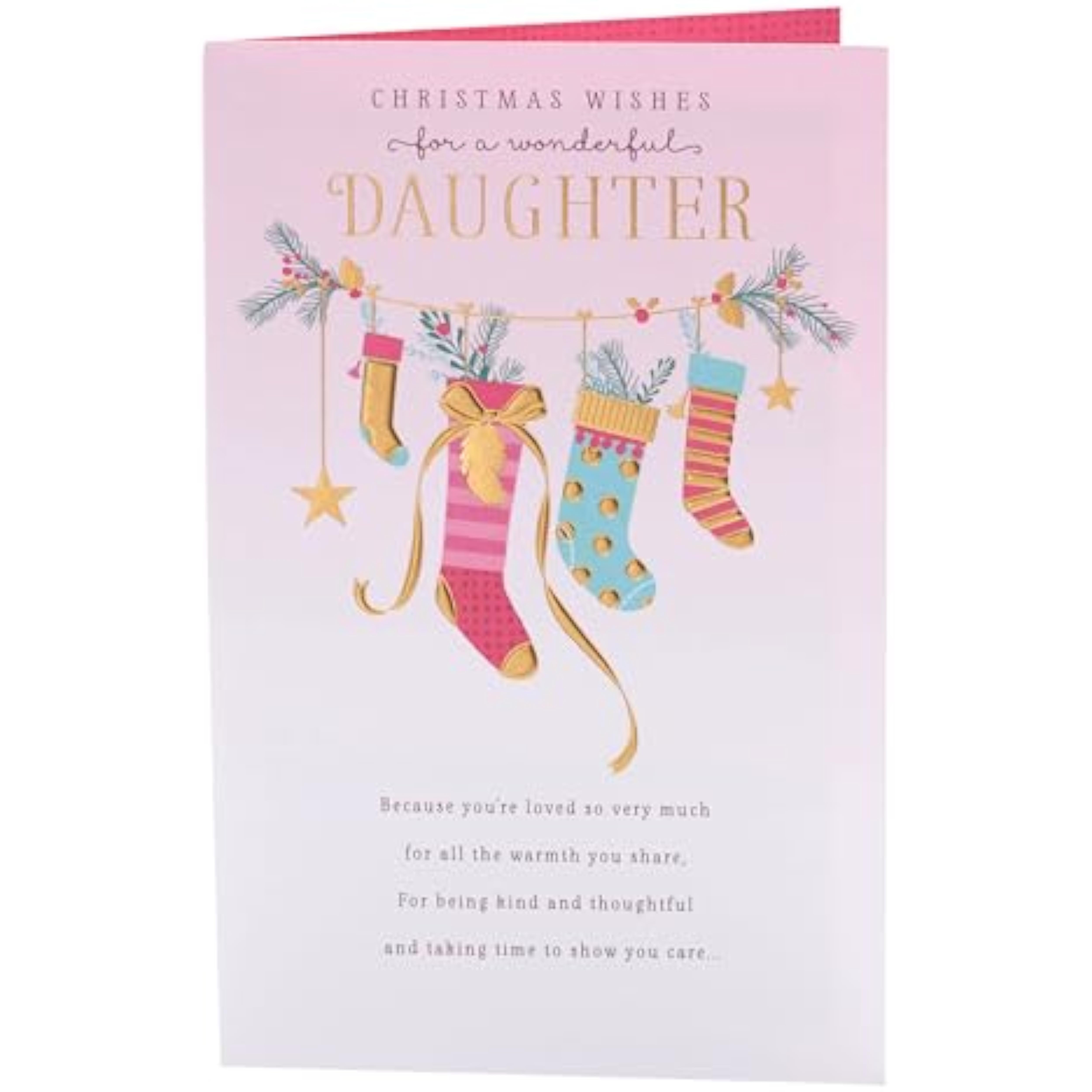 Pink Christmas greeting card for daughter featuring stockings design, with warm holiday wishes from UKG.