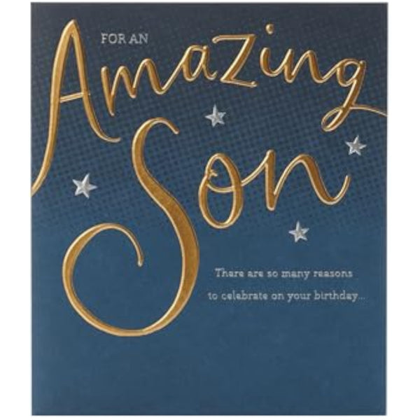 Gold and blue Son birthday greeting card with a proud design from UKG, featuring celebratory and heartfelt imagery.