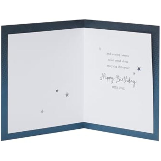 Gold and blue Son birthday greeting card with proud design, featuring UKG branding and festive, celebratory artwork.