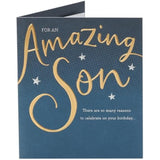 UKG Son birthday greeting card featuring a gold and blue proud design with celebratory message and decorative elements.