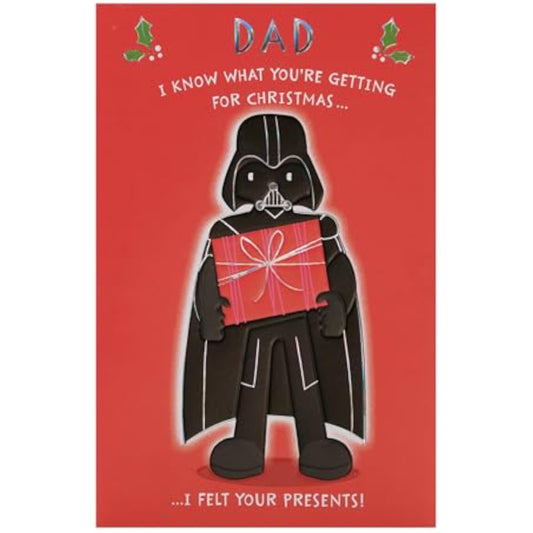 Star Wars Christmas greeting card for dad featuring Darth Vader design, UKG brand, with festive holiday illustration.