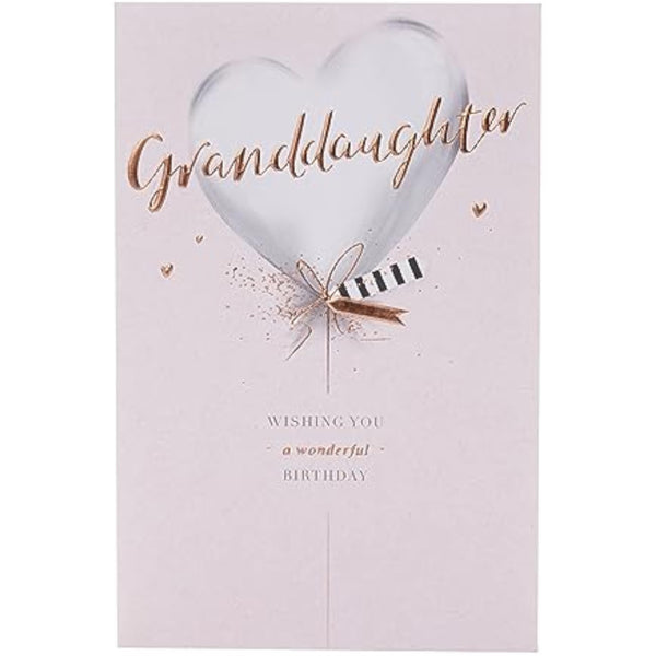 UKG birthday greeting card for granddaughter featuring a silver balloon design with colorful birthday illustrations.