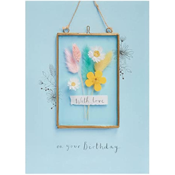 UKG birthday greeting card for her with a framed floral design and envelope, featuring colorful flowers and elegant artwork
