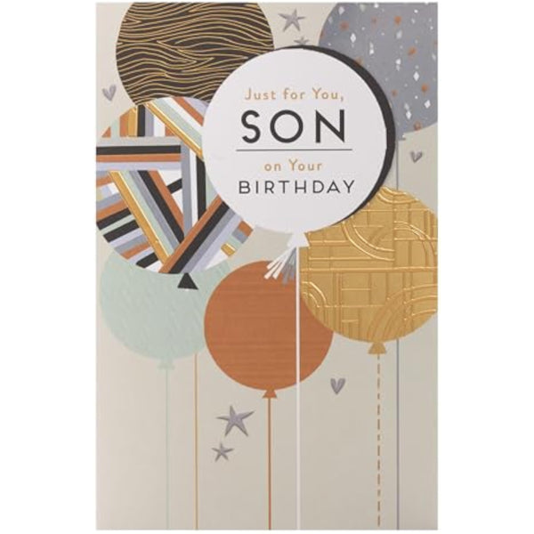 UKG birthday greeting card for son featuring colorful balloons design and festive artwork, perfect for celebrating special occasions.