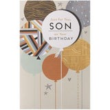 UKG birthday greeting card for son featuring colorful balloons design and festive artwork, perfect for celebrating special occasions.