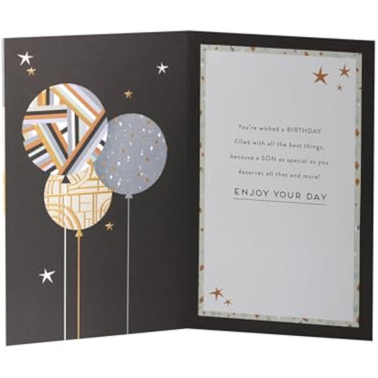 UKG birthday greeting card for son featuring colorful balloons and festive design, perfect for celebrating special occasions