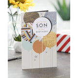 UKG birthday greeting card for son featuring colorful balloons and a fun, cool design suitable for celebrating.
