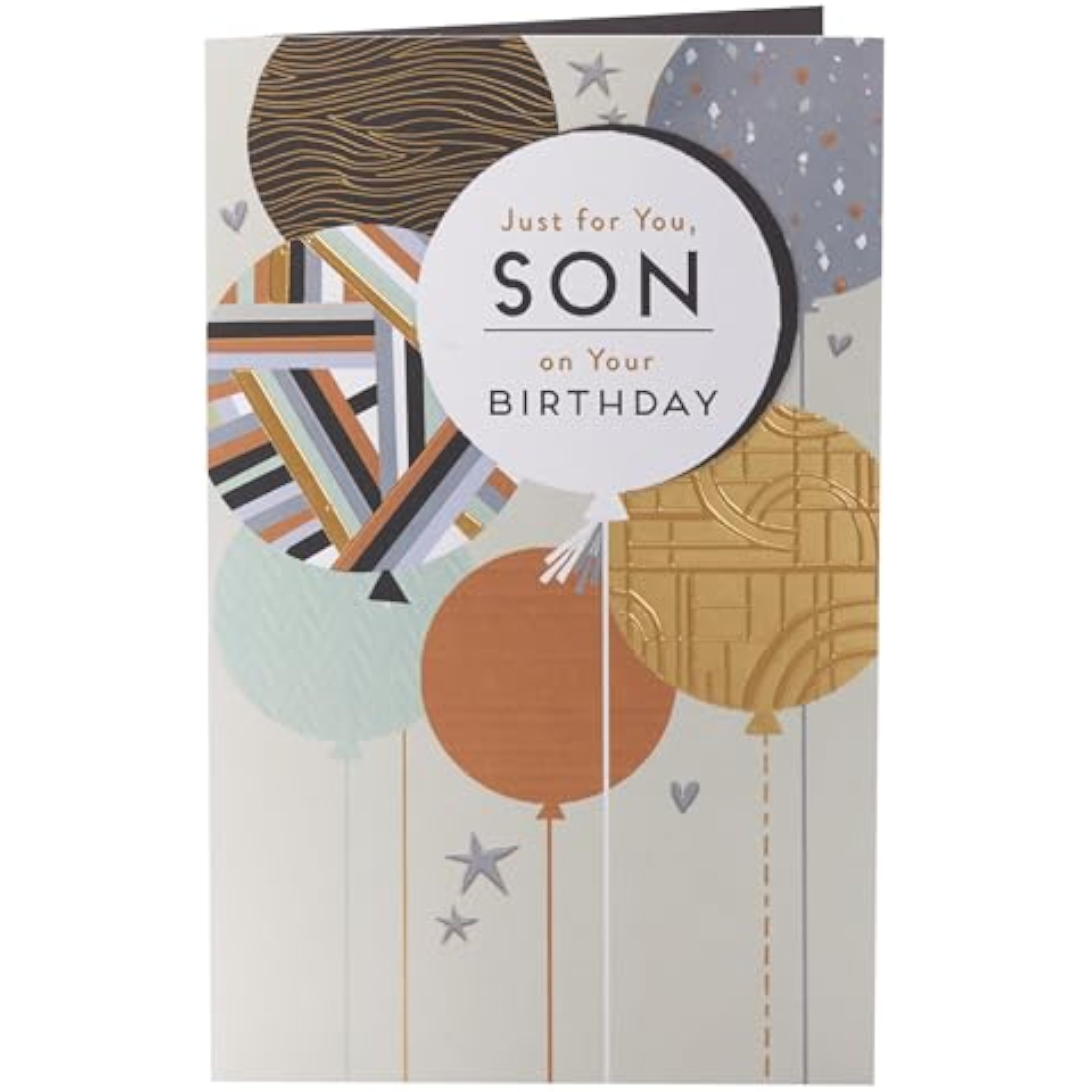 UKG birthday greeting card for son featuring colorful balloons and a fun, modern design.