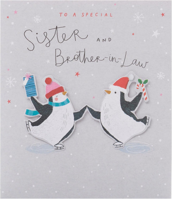 UKG Christmas greeting card featuring cute penguins ice skating, designed for sister and brother-in-law.