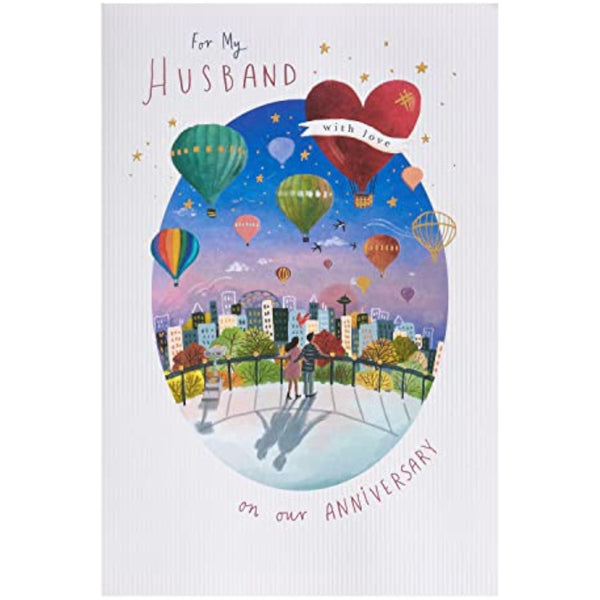 Colorful hot air balloon design UKG anniversary greeting card for husband with envelope, featuring vibrant, cheerful artwork.
