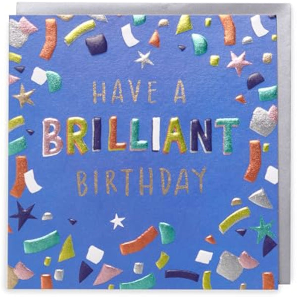 UKG Kindred birthday greeting card with colorful confetti design, featuring cheerful "Have A Brilliant Birthday" message.