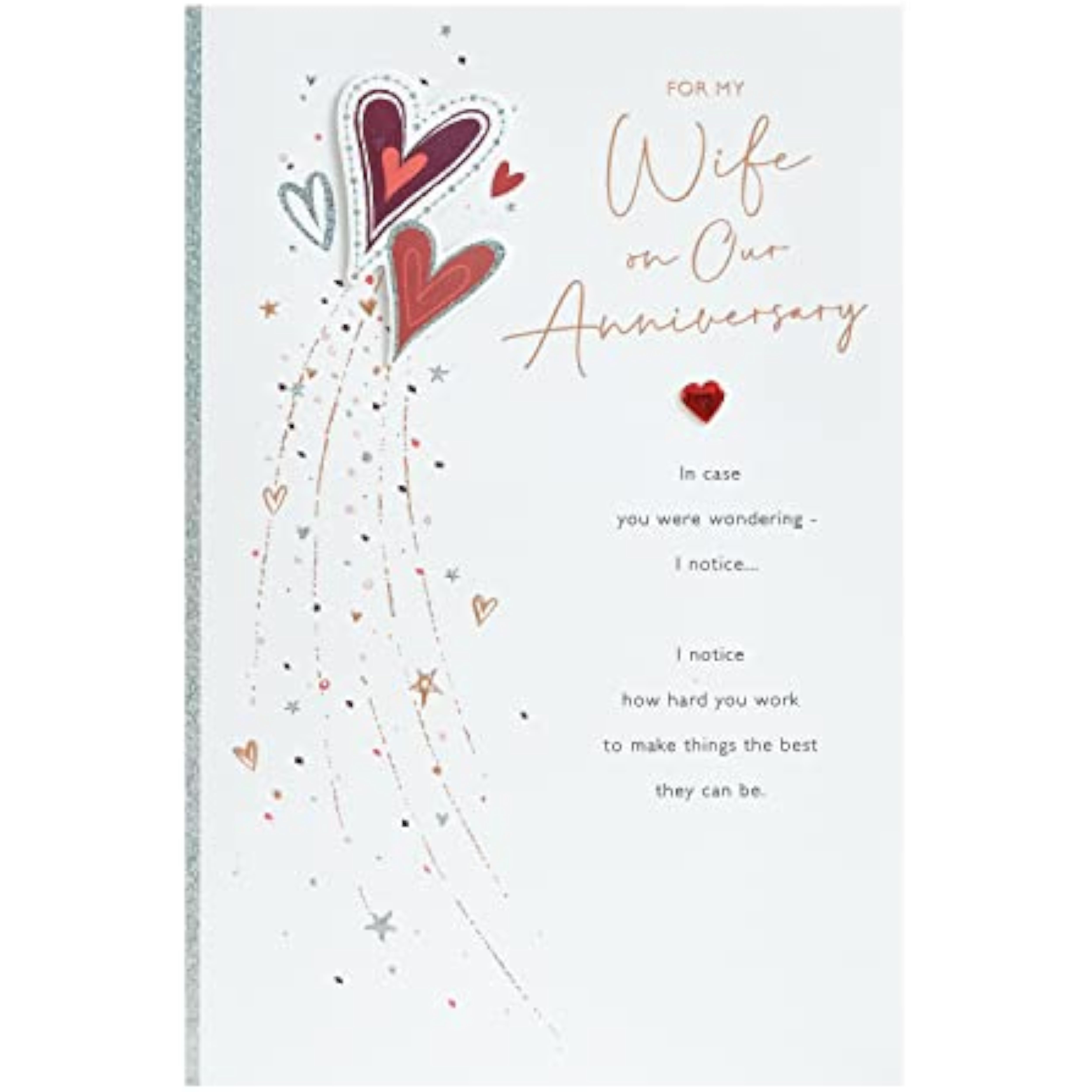 UKG wife anniversary greeting card with red hearts design and envelope, featuring romantic message for special occasion.
