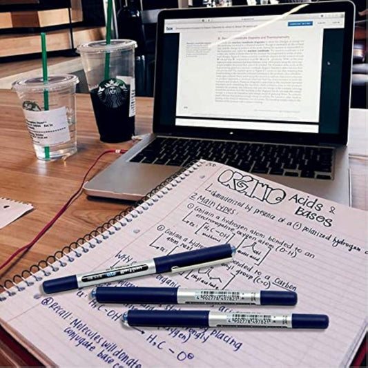 Set of three uni-ball EYE UB-150 blue rollerball pens with 0.5mm micro tips, featuring sleek design and comfortable grip.