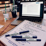 Set of three uni-ball EYE UB-150 blue rollerball pens with 0.5mm micro tips, featuring sleek design and comfortable grip.