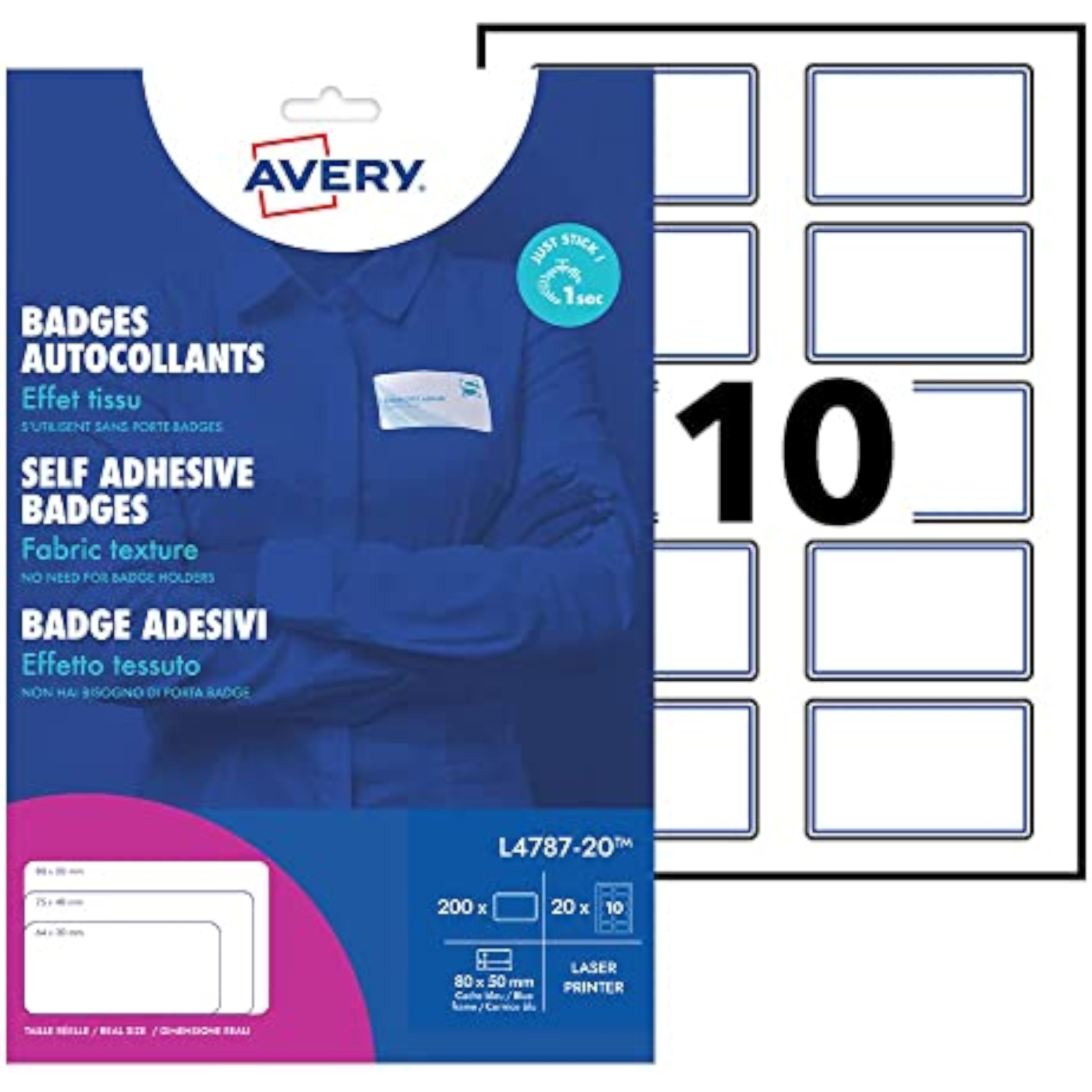 Avery L4787-20 Self-Adhesive Repositionable Name Badge Labels, 10 Labels Per A4 Sheet - Blue Border