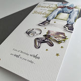 Male Birthday Card From the Just For You x Range - Grandson Gaming Video Games - Gold Foil and Embossed Finish - For Him