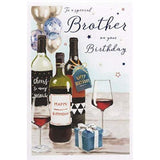 Special Brother Birthday Card - Red Wine, Balloons and Gifts - Blue Foil Finish - For Him