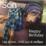 Paper Rose Photographic 'Son' Birthday Greeting Card - from The Funny Animals Range - Dog in Glasses, Shirt and Headphones Listening to Music - for Him