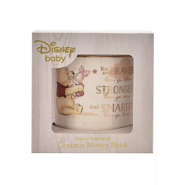 Disney Magical Beginnings Ceramic Pooh Money Box by Widdop & Co, featuring a cute Pooh Bear design on a ceramic coin bank.