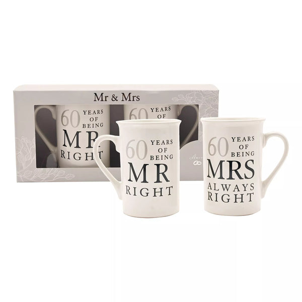 Widdop & Co Amore gift set of two ceramic mugs, "60 Years of Mr Right" and "Mrs Always Right" with romantic design