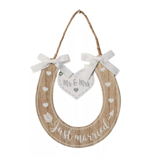 Love Story Horse Shoe decorative ornament from Widdop & Co, featuring a "Just Married" message for wedding celebrations.