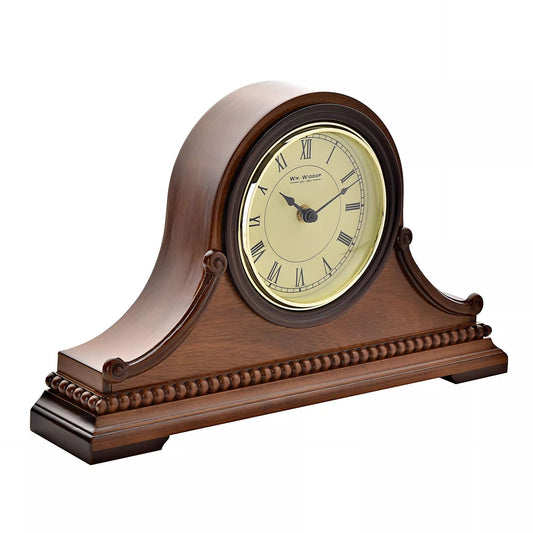 Widdop & Co Wooden Napoleon Mantel Clock with ornate carved wooden case and classic design, decorative timepiece for mantel or shelf.