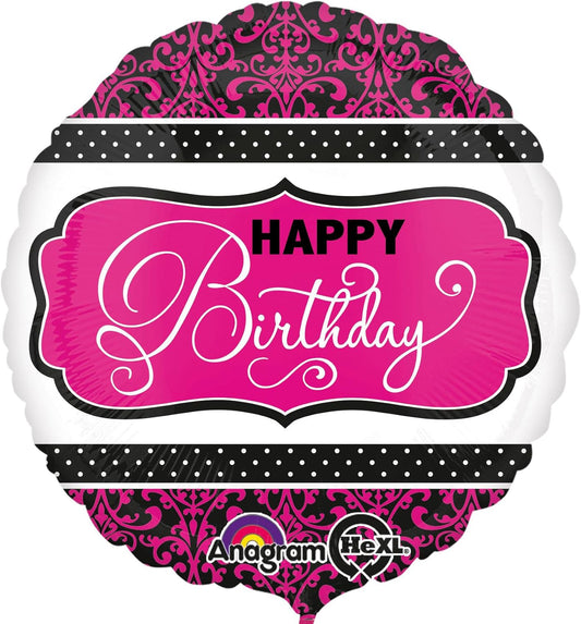 Round foil birthday balloon with intricate filigree and damask design by Xpress Yourself, perfect for celebration decor.