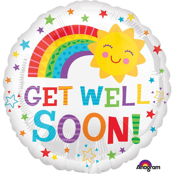 Get Well Soon round foil balloon with colorful design from Xpress Yourself, featuring cheerful message and vibrant graphics.