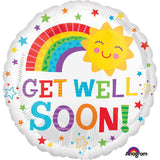 Get Well Soon round foil balloon with colorful design from Xpress Yourself, featuring cheerful message and vibrant graphics.