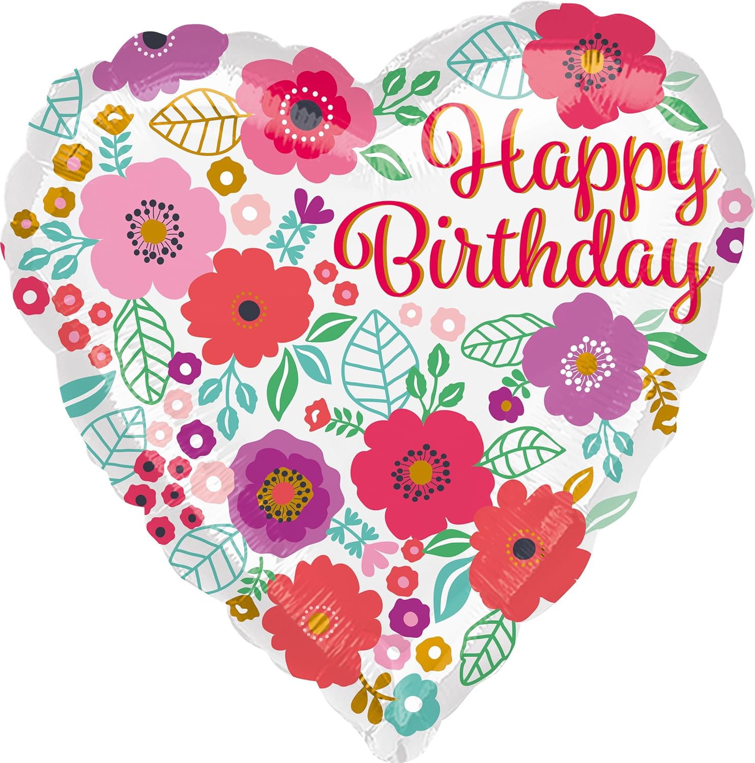 Heart-shaped foil balloon with floral print and "Happy Birthday" message, designed by Xpress Yourself.