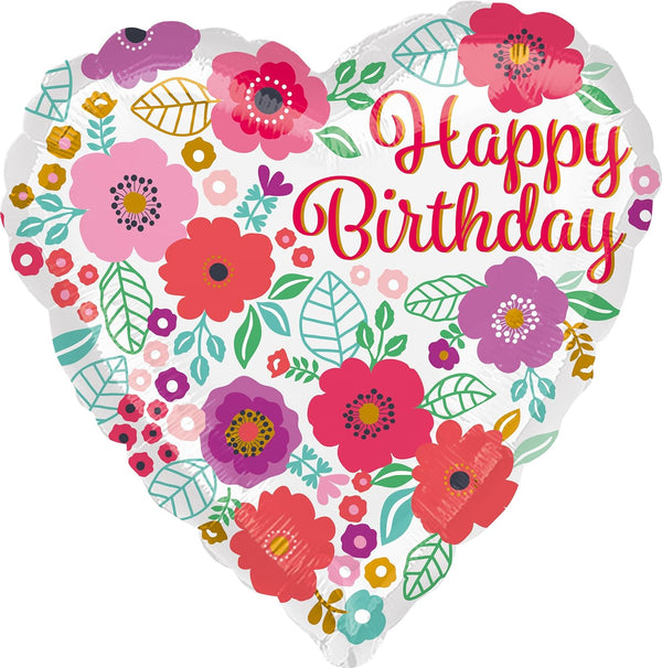 Heart-shaped foil balloon with floral print and "Happy Birthday" message, designed by Xpress Yourself.