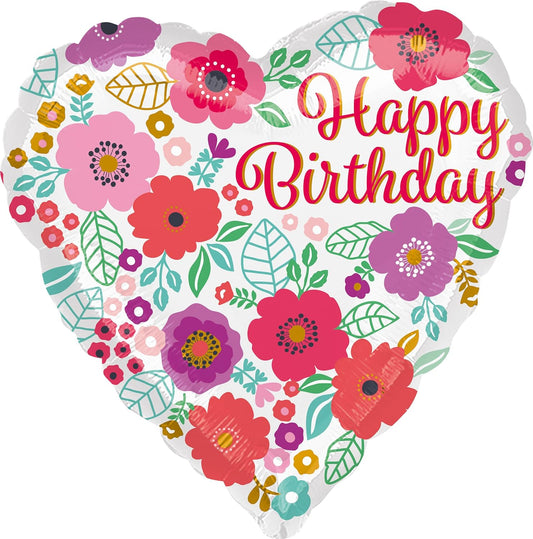 Heart-shaped foil balloon with floral print and "Happy Birthday" message, designed by Xpress Yourself.