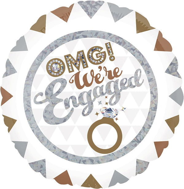 Gold foil "OMG We're Engaged" balloon from Xpress Yourself, featuring shiny lettering and festive engagement celebration design.