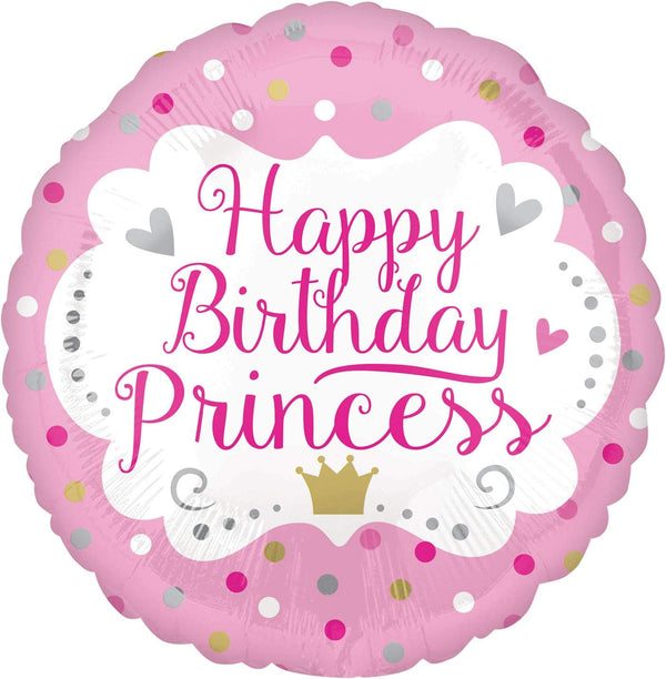 Small round foil balloon with "Happy Birthday Princess" message, featuring colorful birthday-themed graphics, by Xpress Yourself.
