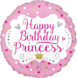Small round foil balloon with "Happy Birthday Princess" message, featuring colorful birthday-themed graphics, by Xpress Yourself.