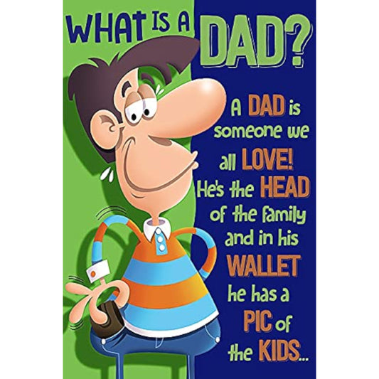 Father's Day greeting card from Xpress Yourself with humorous "What is A Dad?" wallet joke design and colorful illustration.