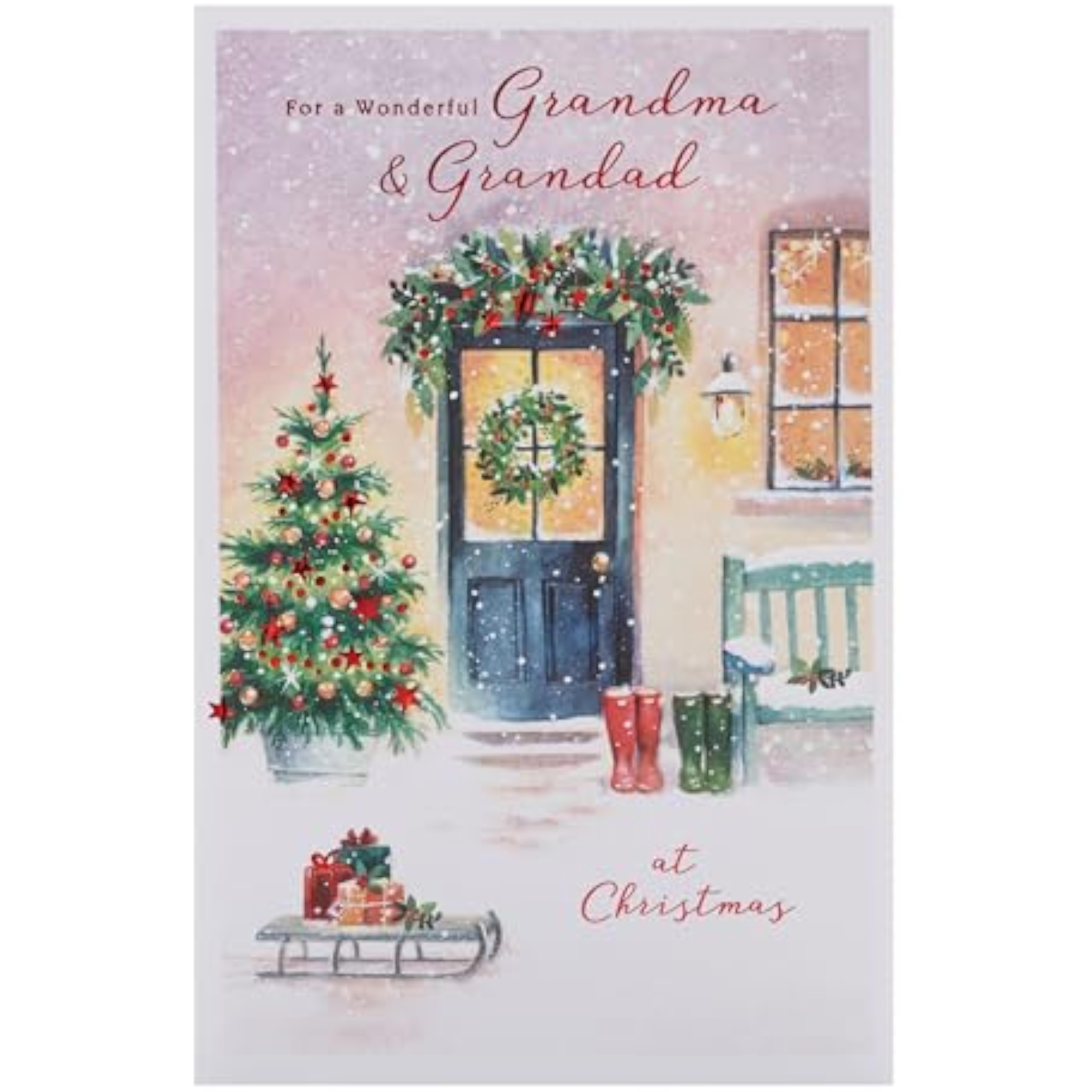 UK Greetings Christmas Card for Grandma & Grandad - Snowy Door Design